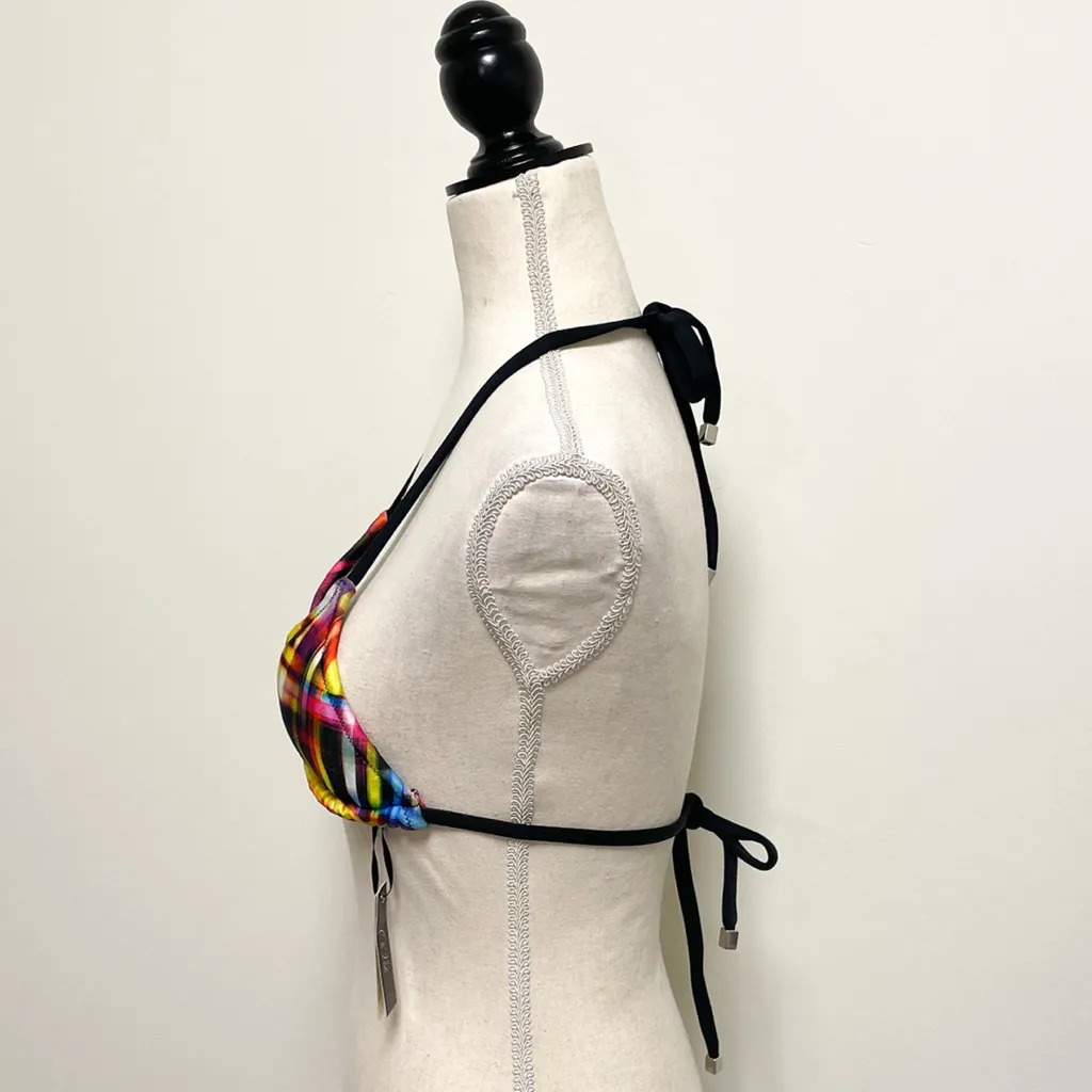 Ola Vida Blurred Geometric Plaid Sliding Triangle Halter Bikini Top NWT Small Black - Image 3