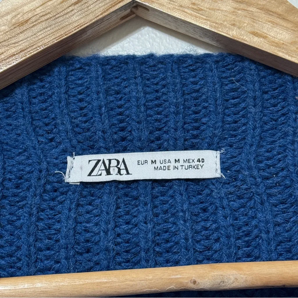 ZARA Wool Blend Sweater Size Medium Blue Tunic Length Knit - Image 3