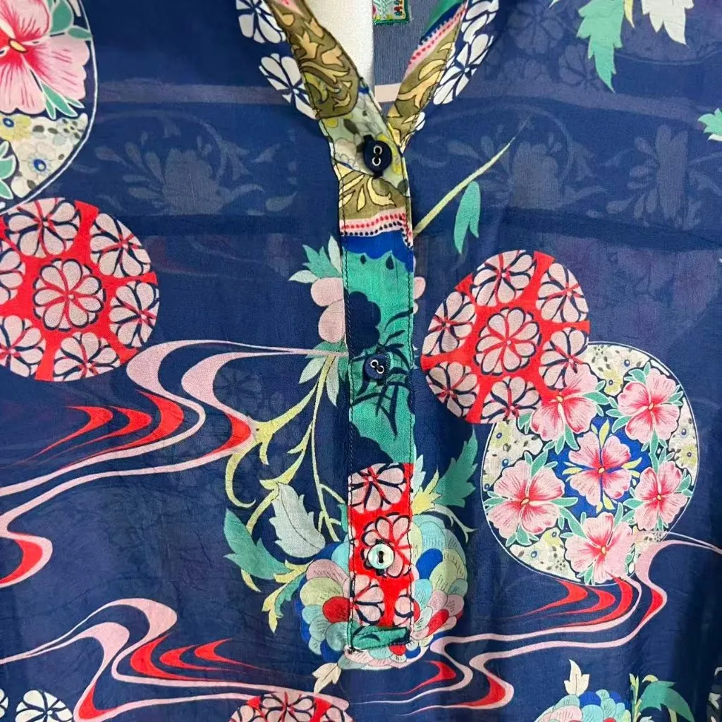 NWOT Johnny Was Blue Floral Kimono Ellyonora Half Placket Tunic Shirt Dress S - Image 12