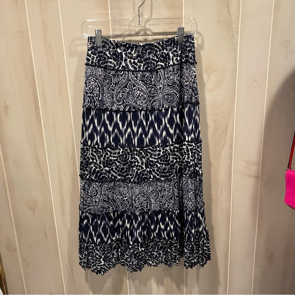 Cute navy white multiprint ruffle boho maxi elastic waist pull on skirt flowy - Image 9