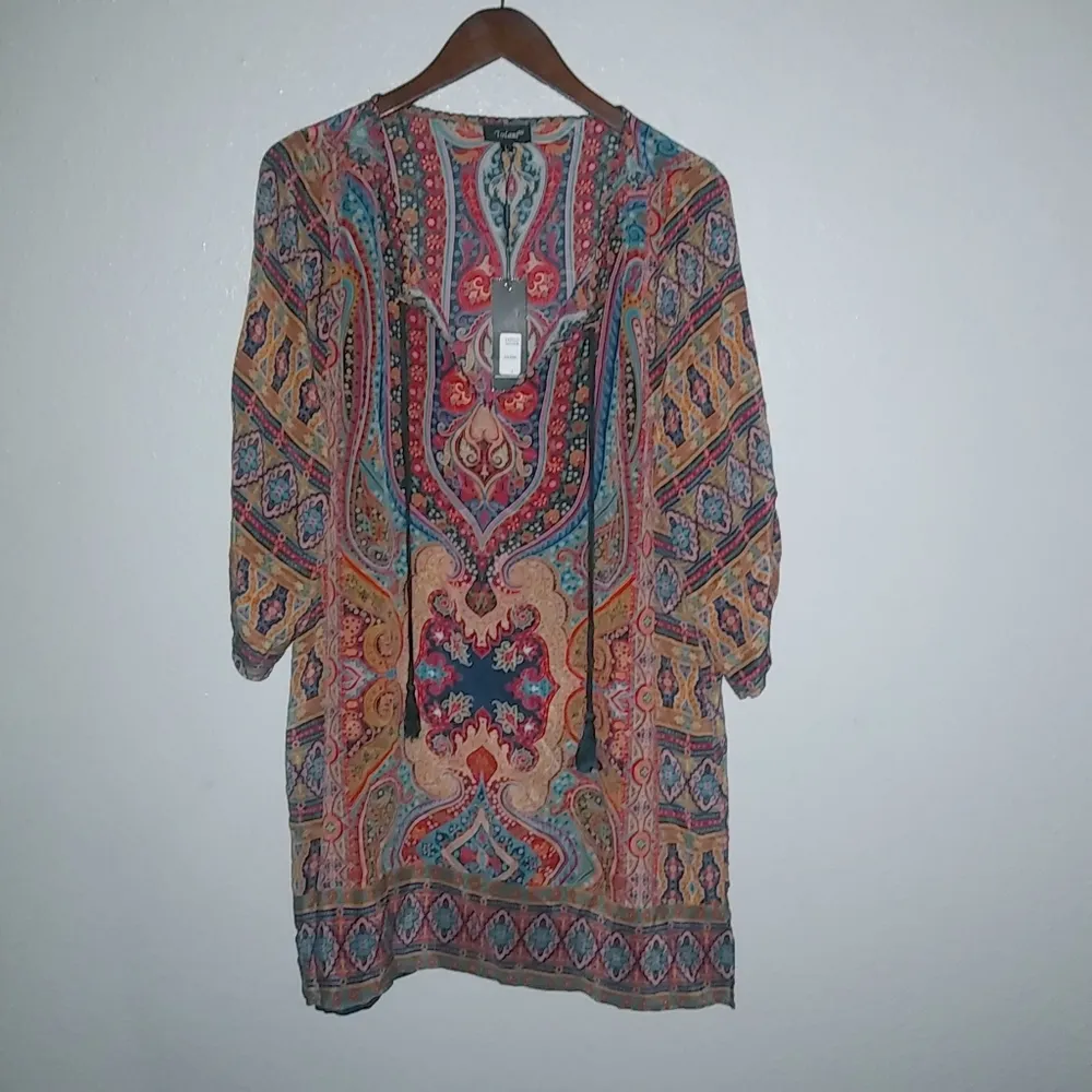 Tolani L Silk Boho Paisley Rich Colors Caftan Dress Red Size L - Image 7