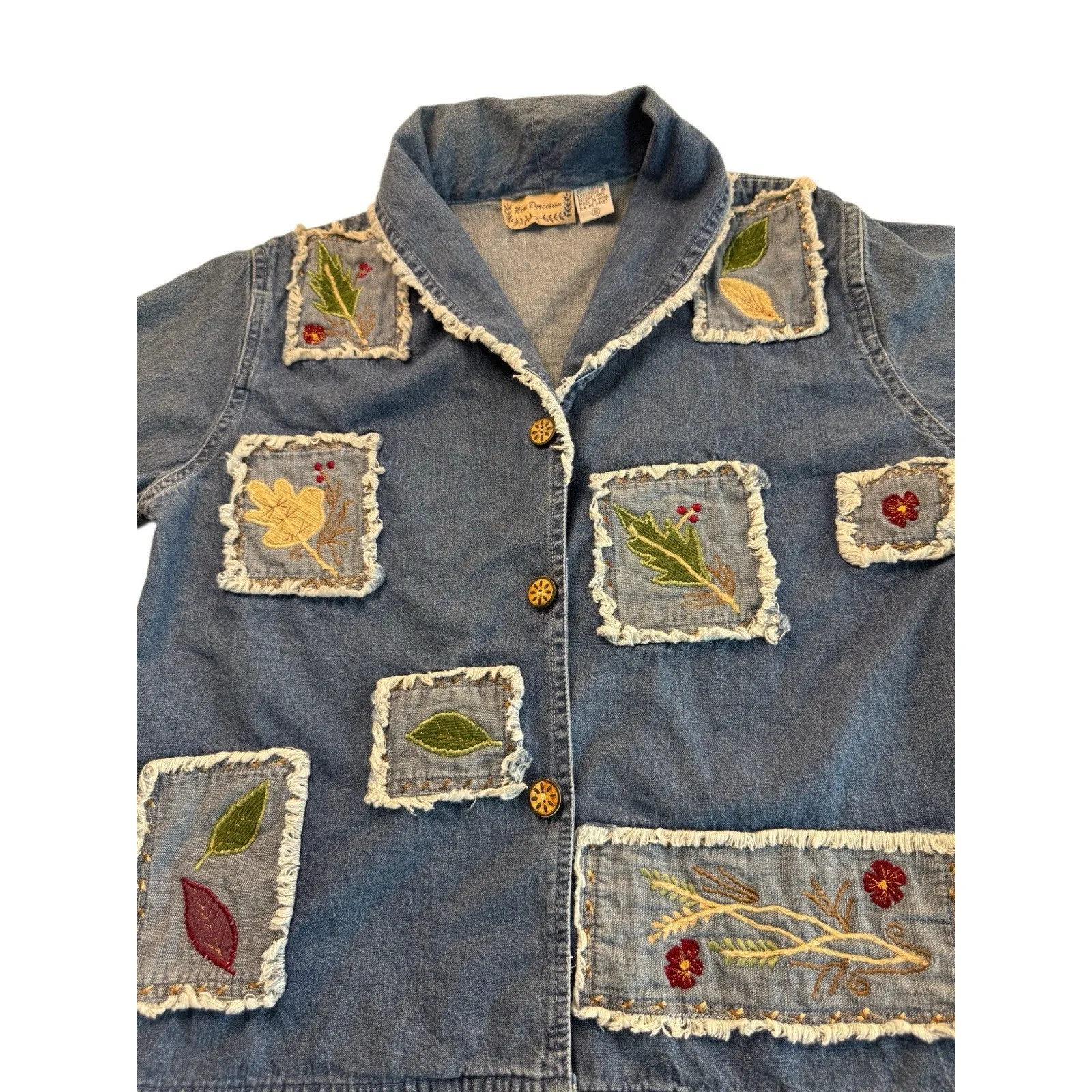 Y2K Boho Patchwork Denim Fall Jacket W/ Embroidered Leaf Motif Raw Hem Pockets M Blue Size M - Image 2