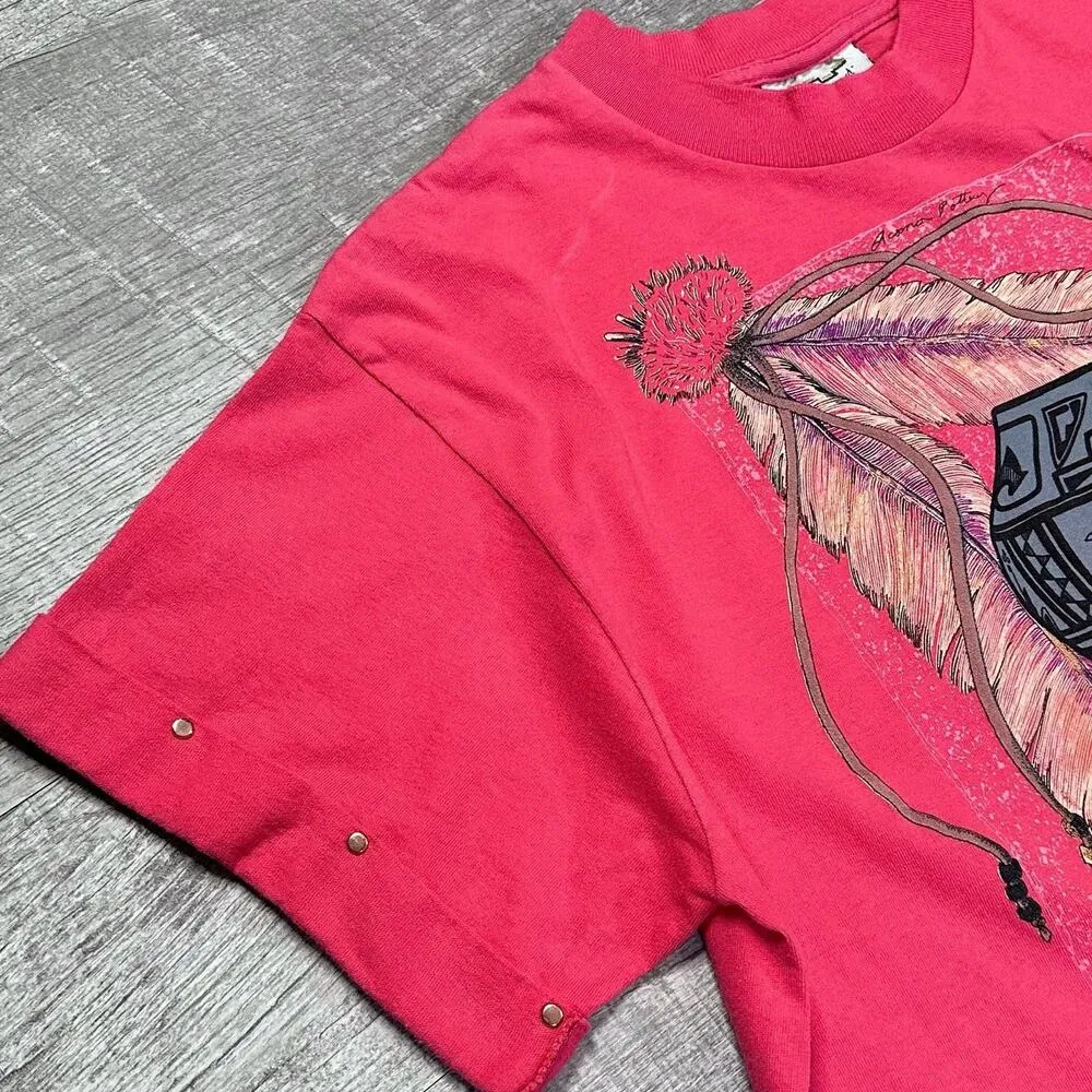 Vintage 90s Southwest Pottery Art Shirt Womens L Coral Cuffed Rivets USA Made Pink Size L - Image 3