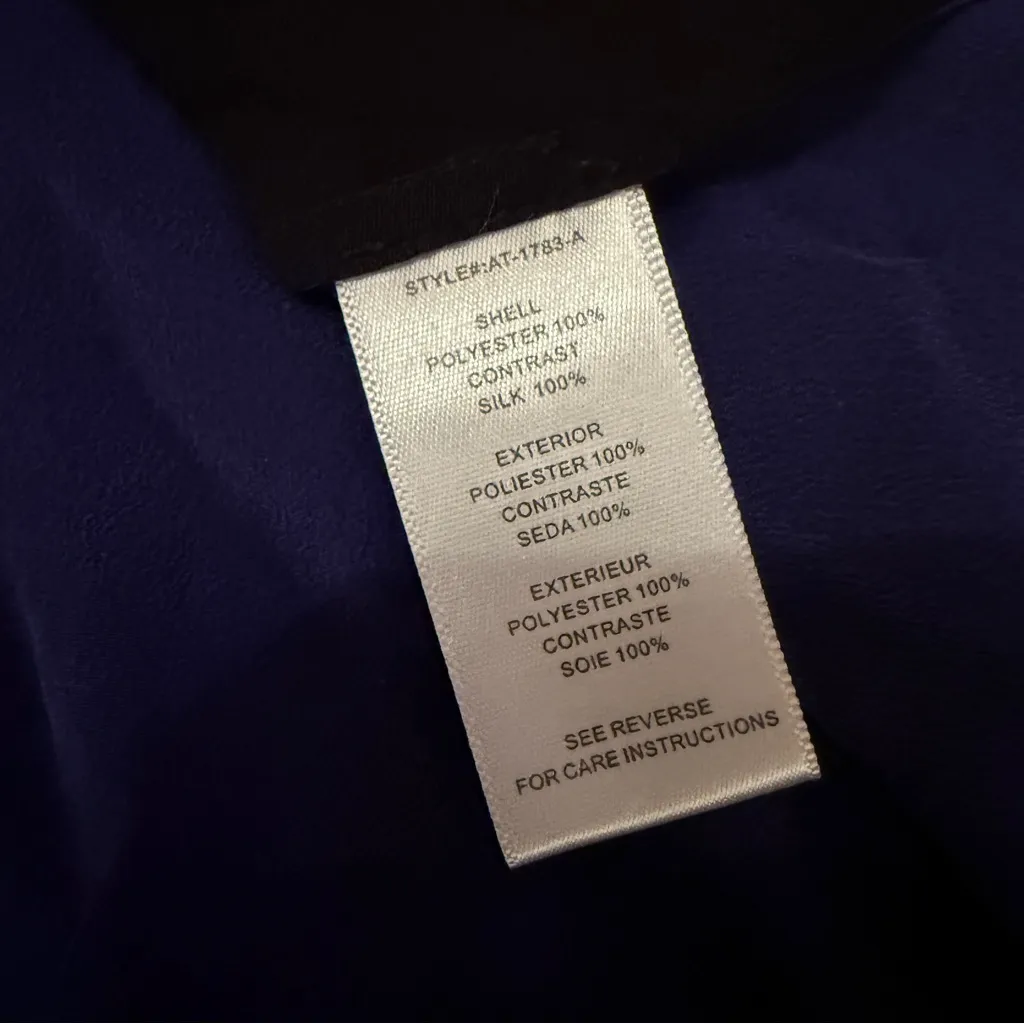 Aryn K 100% Silk Contrast Black, Navy & Cream 3/4‎ Sleeve V Neck Top Sz S - Image 6