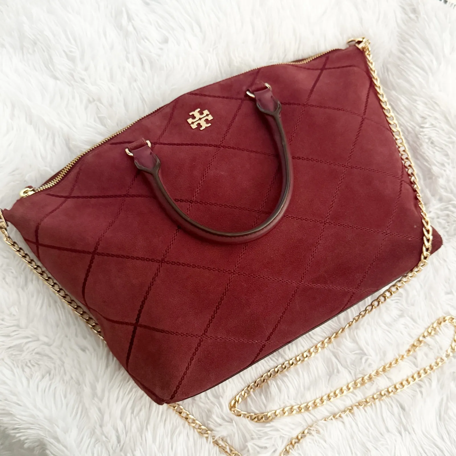 TORY BURCH | Maroon Wine Quilted Bag Purse Satchel Suede Leather Bag Purse Chain - Image 2