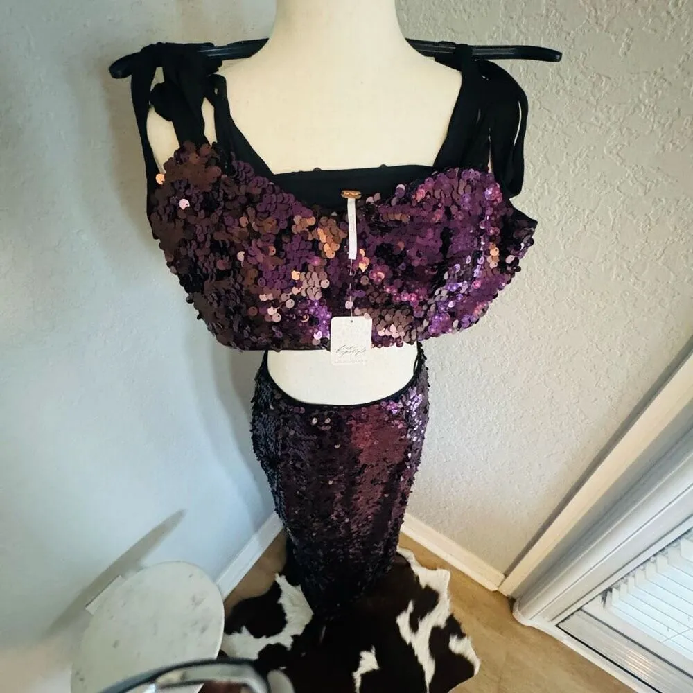 Free People Star Bright Sequin Two-Piece Crop Top & Midi Skirt, Lilac, Sz 4, NWT - Image 10