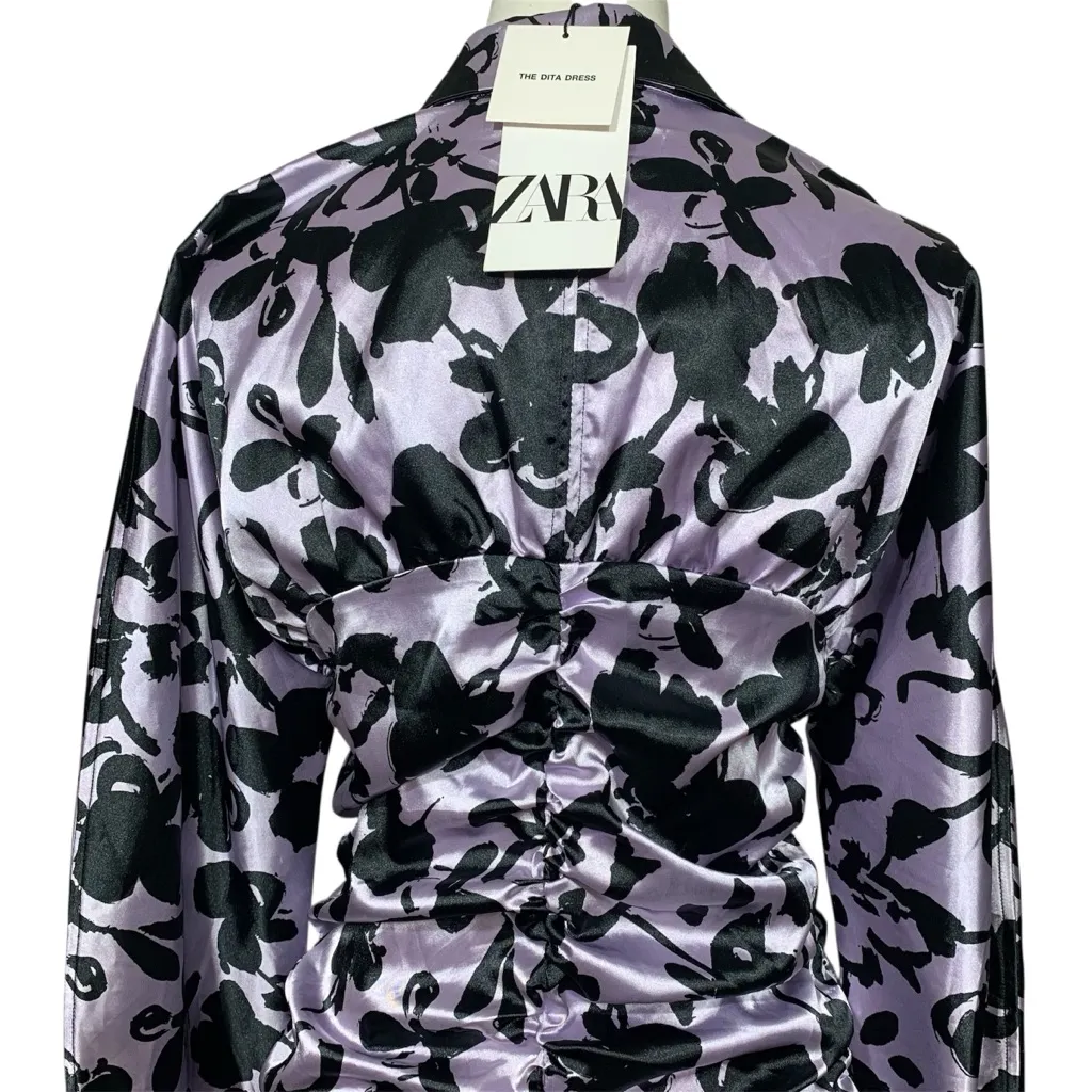 ZARA Satin Ruched Shirt Dress Size M Purple Black Floral Long Sleeve Mini NWT Size M - Image 6