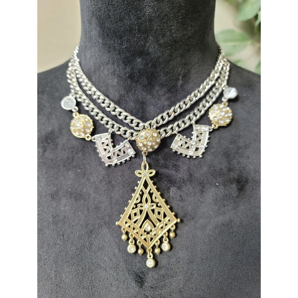 Women's Statement Necklace With Toggle Lock Multi Chain Gold Silver Charms - Image 2