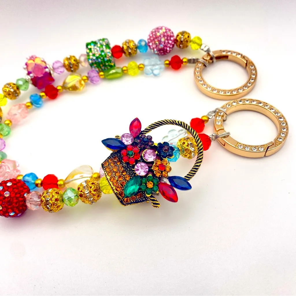 💐Luxury Bag/Phone Chain Charm/Keychain COLORFUL FLOWER BASKET Bling Crystal - Image 8