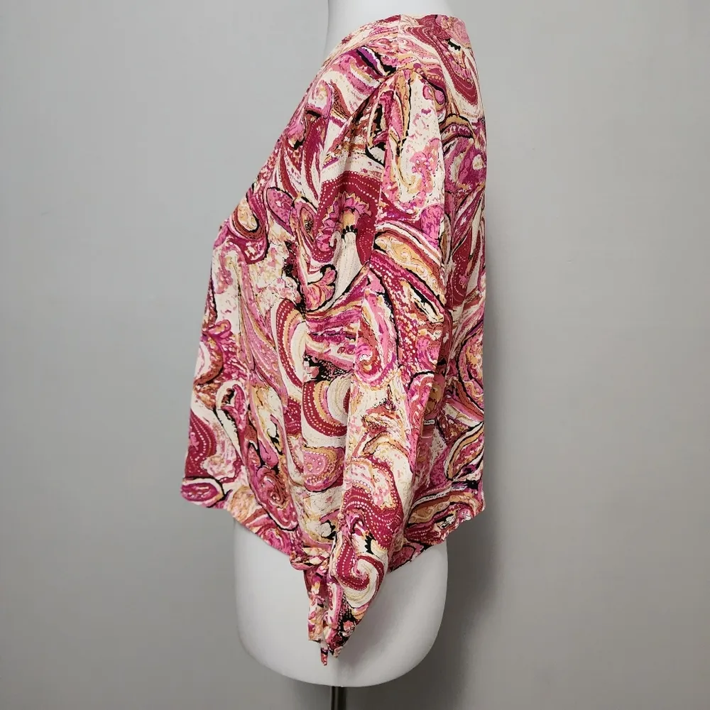 Vintage Zoe California 90s Pink Paisley Tie ¾ Sleeve Cropped Top Size Small - Image 5