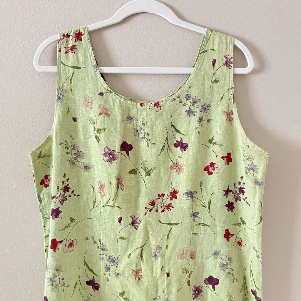 Habitat Dress Green 100% Linens Floral Lagenlook Art Wear‎ Teacher Boho L #1780 - Image 3