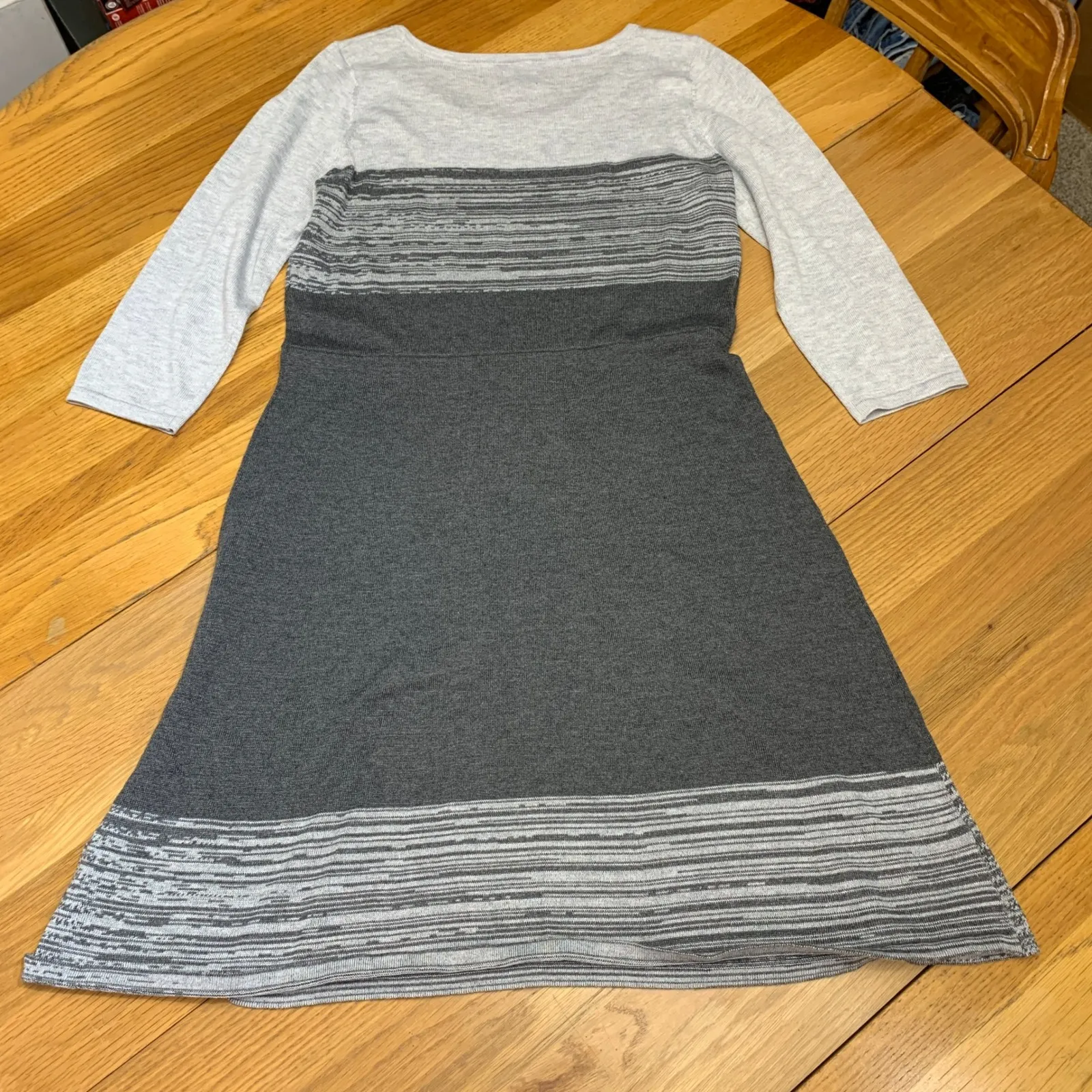 Worthington Dress Womens Size Large Gray Striped 3/4 Sleeve Fit Flare Sweater - Image 6