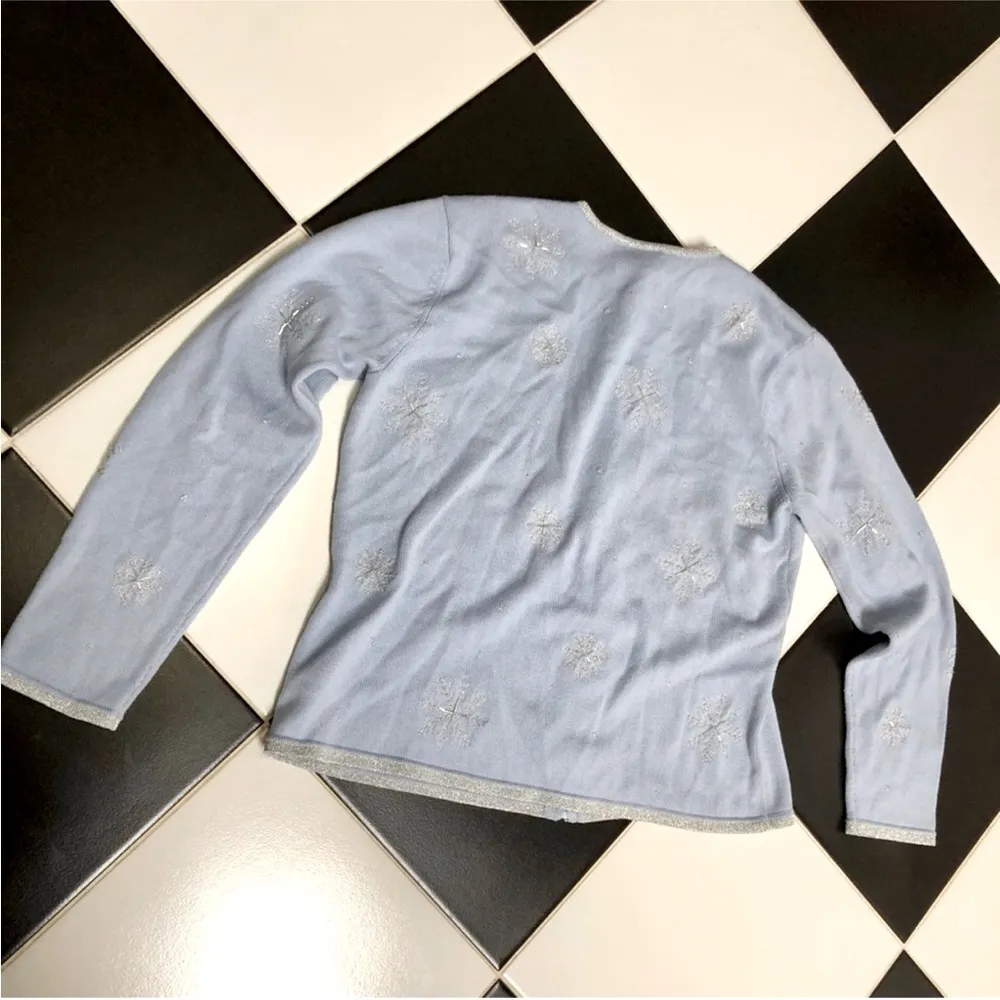 Vintage 90s Talbots Baby Blue Zip Up Sweater Jacket Silver Metallic Snowflake M - Image 7