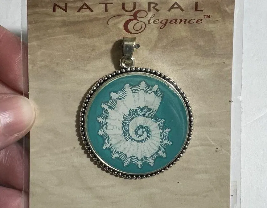 Blue Moon Beads Natural Elegance Shell Pendant Round Silver and Teal Metal Epoxy - Image 2