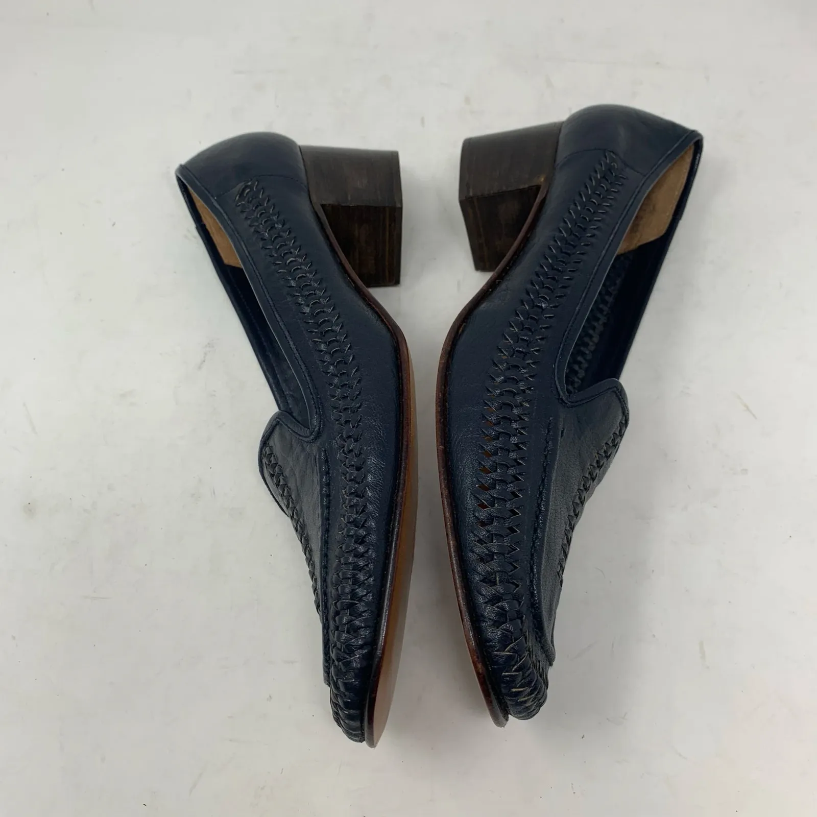Bullock’s Made in Italy Navy Blue Leather Braided Woven Loafer Stacked Heel 9 N - Image 6