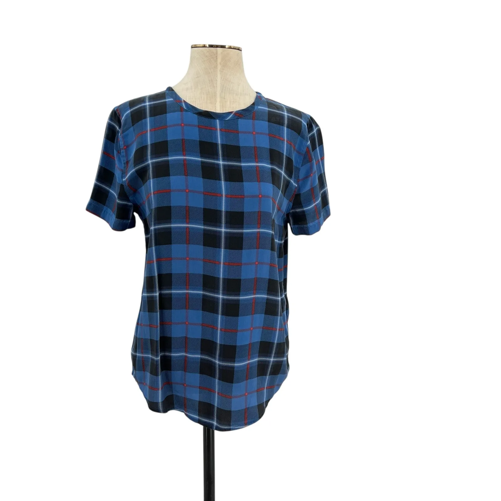 Equipment Riley Plaid Top Blouse Short Sleeve Check Plaid‎ Silk Blue Size XS - Image 3
