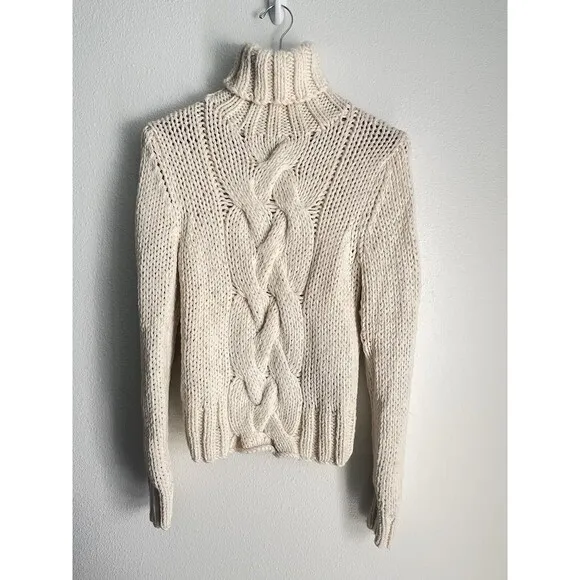 J Crew 100% Wool Aran Style Cable Knit Fisherman Hand Knit Turtleneck Sweater M - Image 2