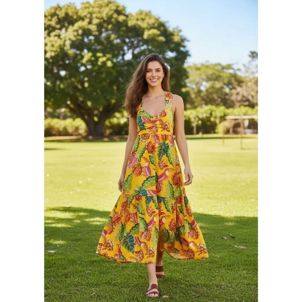 NWT FARM Rio Beaks & Bananas Maxi in Yellow Cotton Bow Back Tank Dress M $235 - Image 12