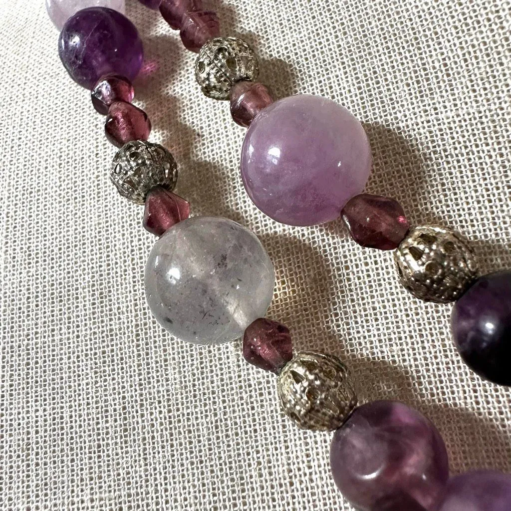 Vintage Fluorite, Rose Quartz & Aventurine Long Necklace w/ Gold - Image 3