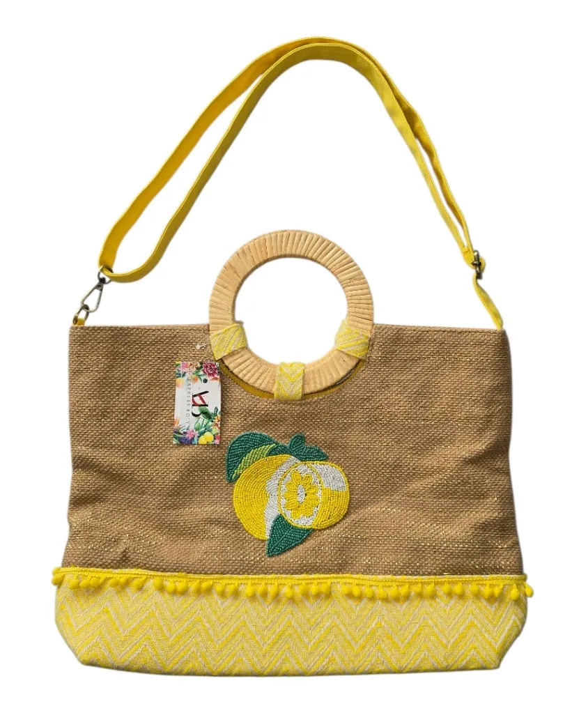 America & Beyond Beaded Lemon Yellow Chevron Fabric Circular Handle Tote Bag - Image 1