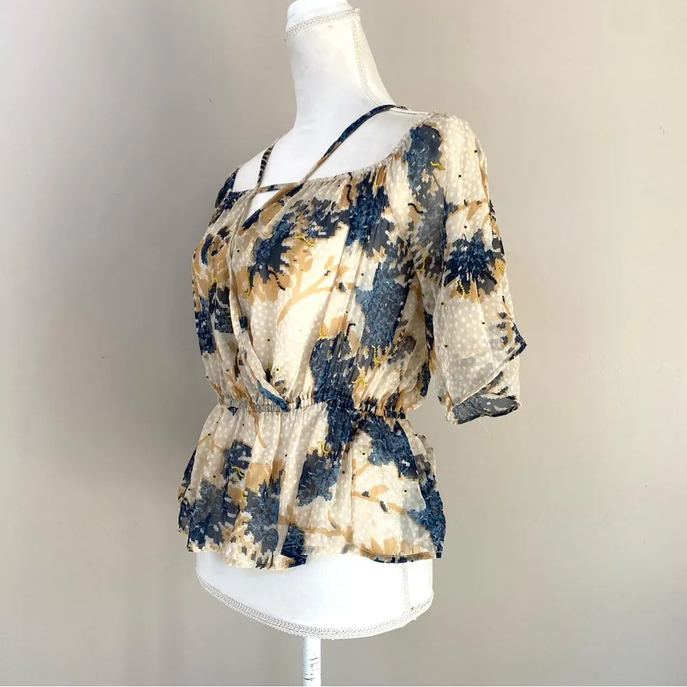 NWT Anthropologie Let Me Be Off The Shoulder Sheer Blouse Tan Yellow Beaded XS - Image 7