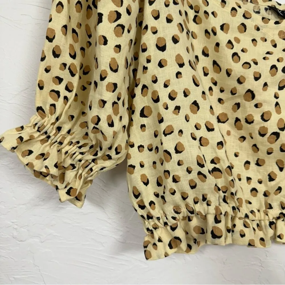 Kivari Tan Animal Print Linen Puff Sleeve Crop Top Womens M Blouse Short Square Size M - Image 4