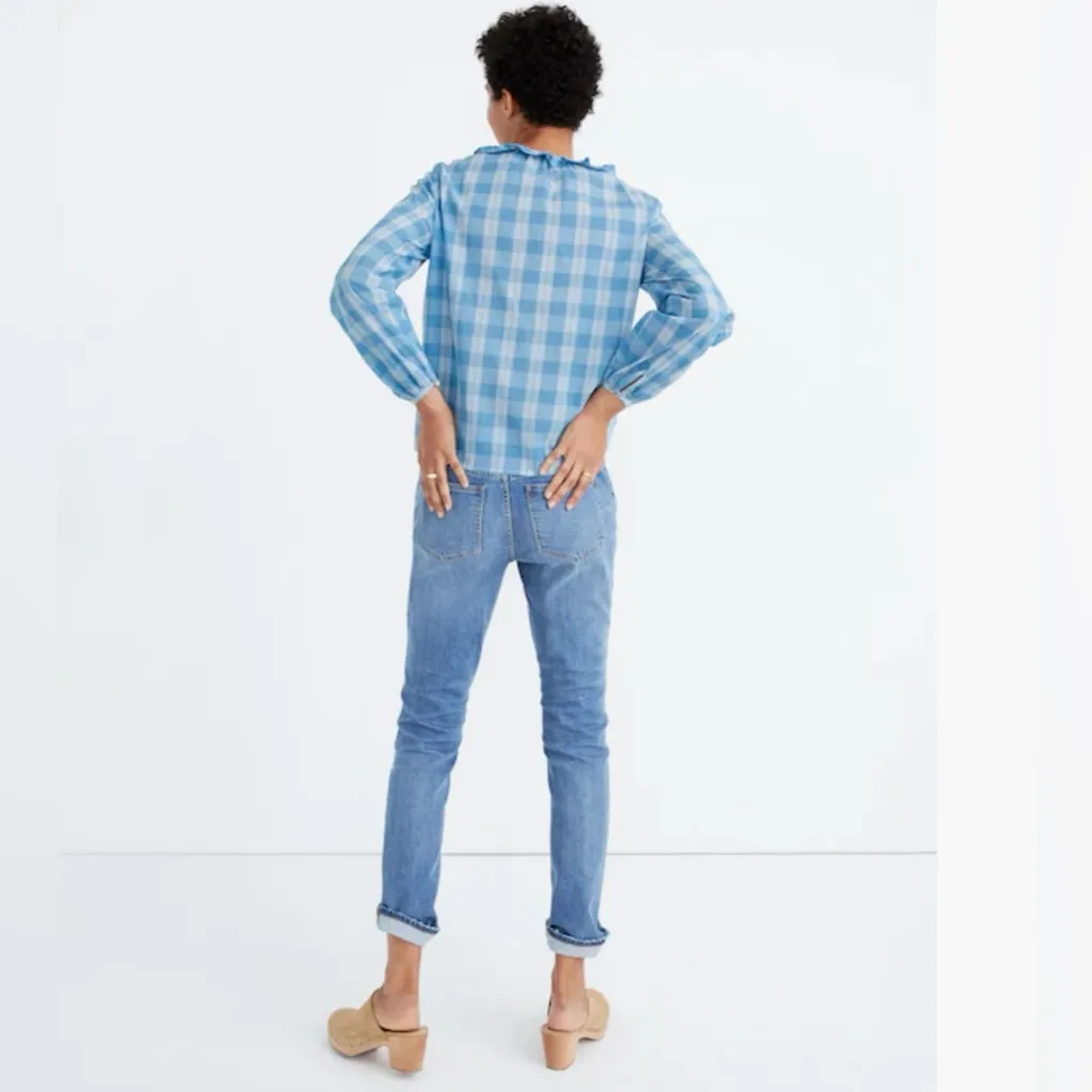 Madewell Ruffle-Neck Colwell Plaid Cotton Top in Ashby Plaid Ocean Wave Size XXL - Image 5