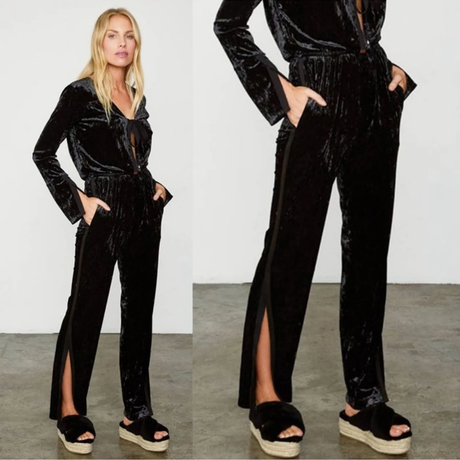 We are HAH NEW Large Black Crushed Velvet JUMP ON IT Flare Long Sleeve Jumpsuit - Image 6