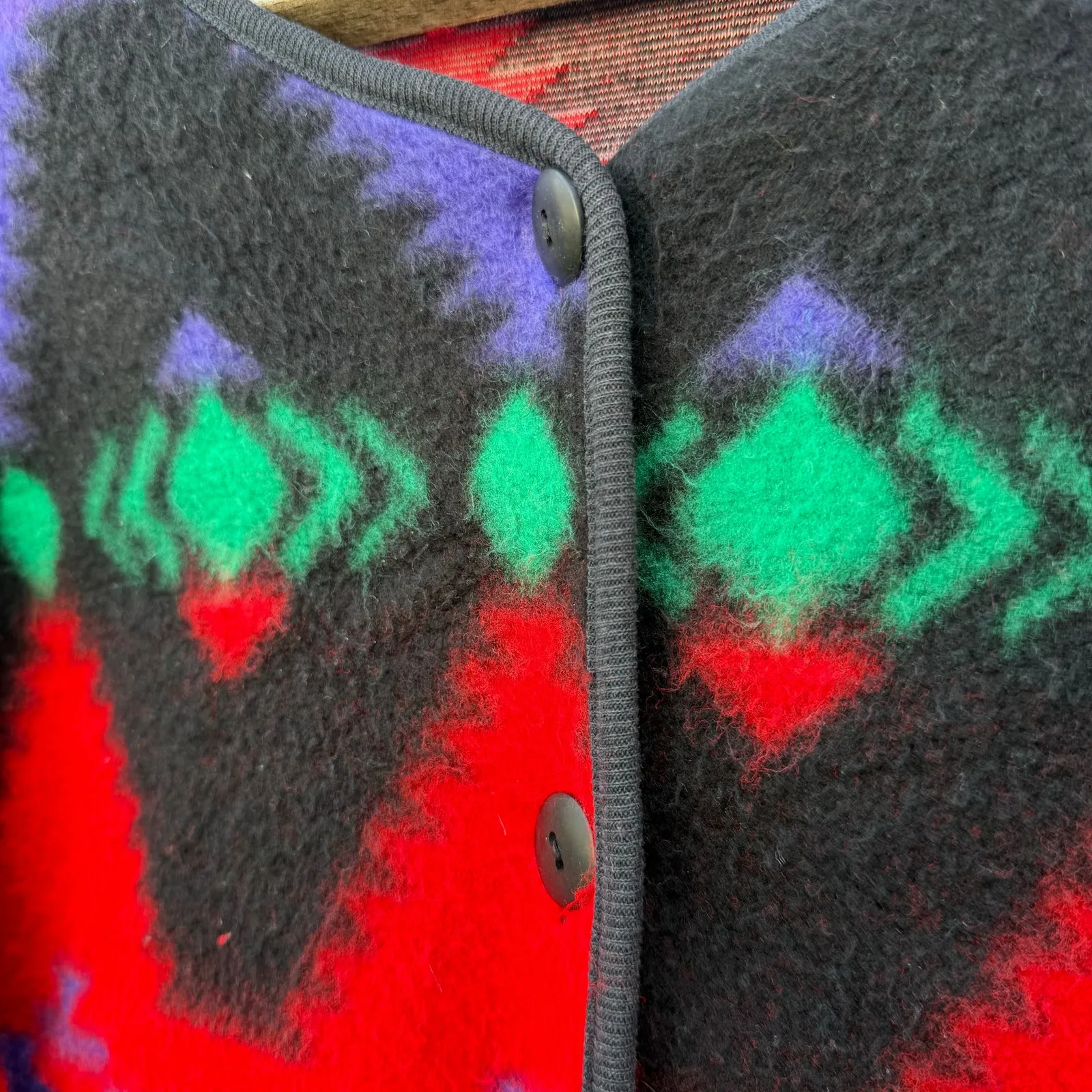 VTG 90s David Wayne Aztec Southwestern Fleece Jacket Black Vibrant Red Purple M? Size M - Image 2
