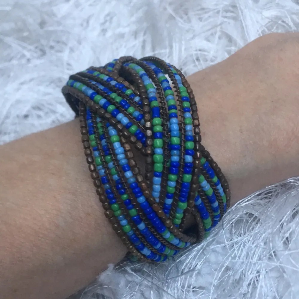 Bohemian Wire Cuff Braided Multicolor Seed Bead Bracelet Green - Image 3