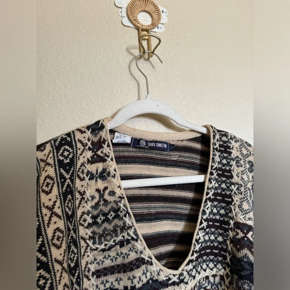 Vintage‎ Grandma Knit Sweater Sz Small Oversized Patchwork Striped Cozy Cabin Brown - Image 3