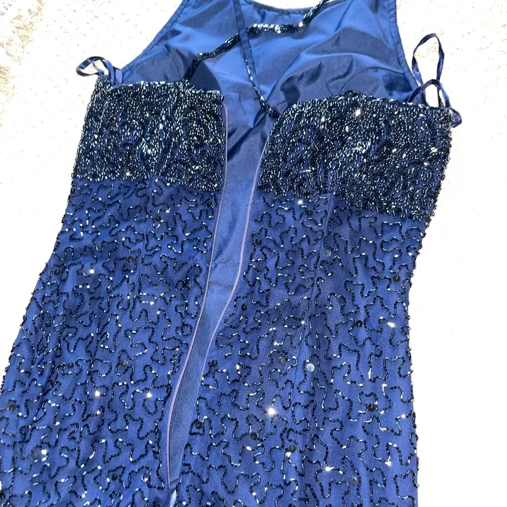 100% Silk Vintage Beaded Navy Blue Halter cross Strap Open Back Gown - Image 13