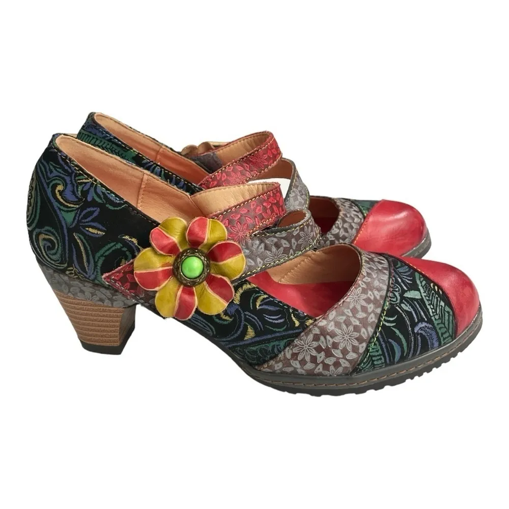 Socofy Leather Shoes Sz 11
Mary Jane Heels Retro
Bohemian Floral Colorful
Boho Red - Image 3