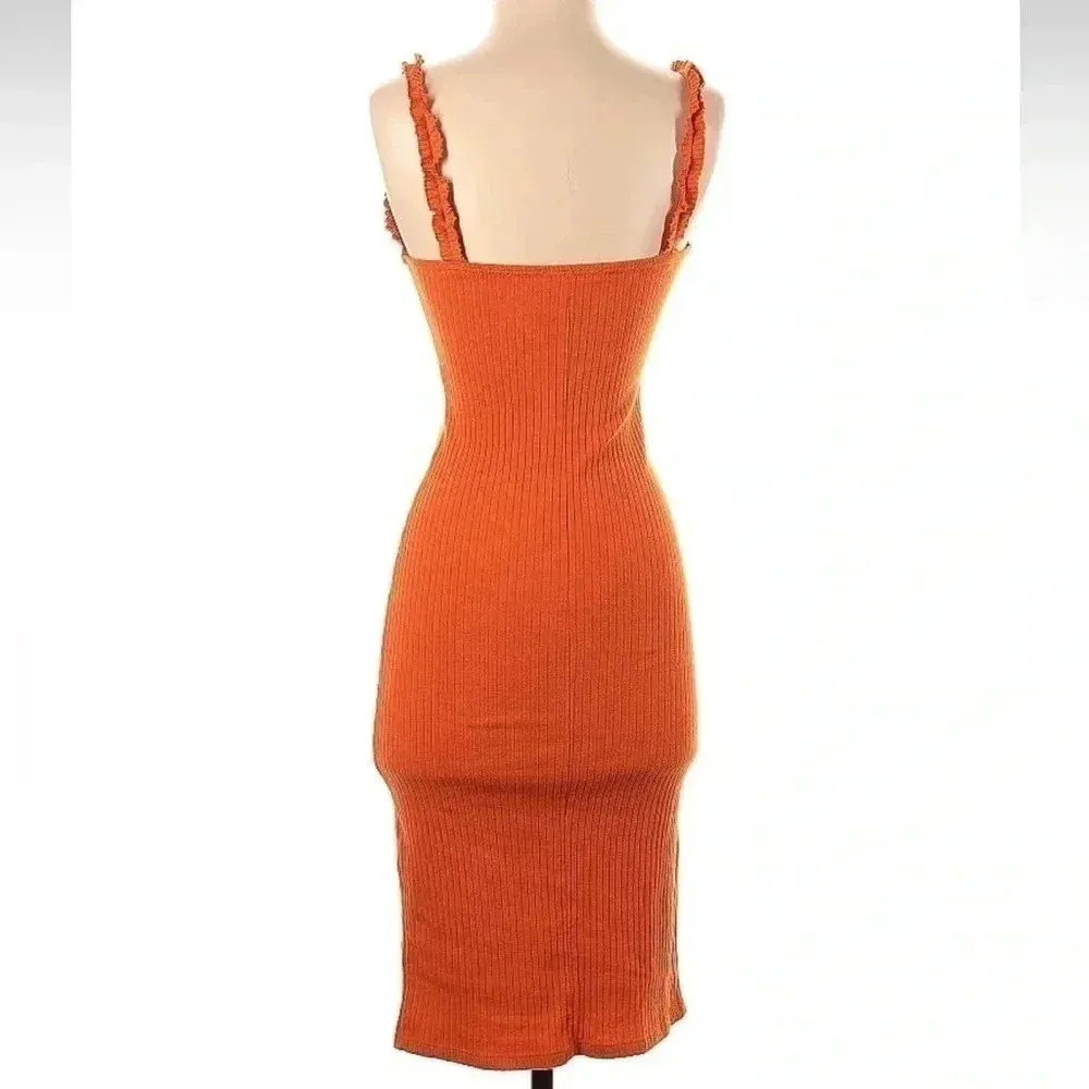 Zara Burnt Orange Ribbed Knit Ruffle Straps Midi Dress Bodycon Fitted Size Small - Image 3