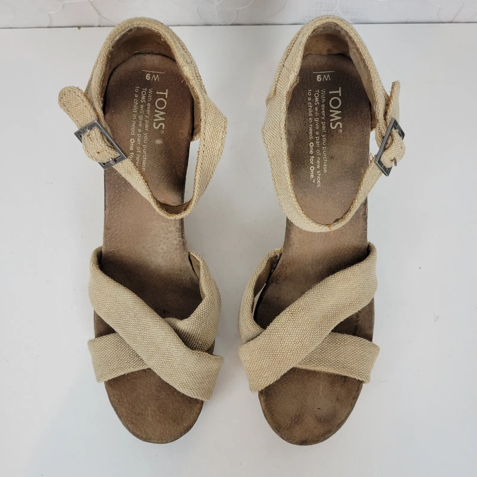 TOMS Sienna Womens Sandals Size 9 Cream Canvas‎ Crisscross Open Toe Cork Wedge - Image 9
