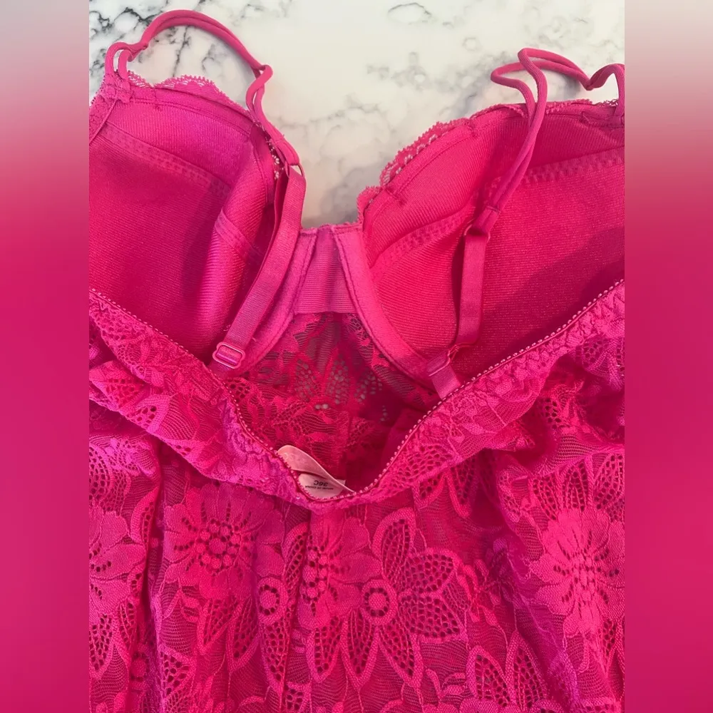 Victoria’s Secret pink floral lace underwire push up sheer teddy camisole 36C - Image 3