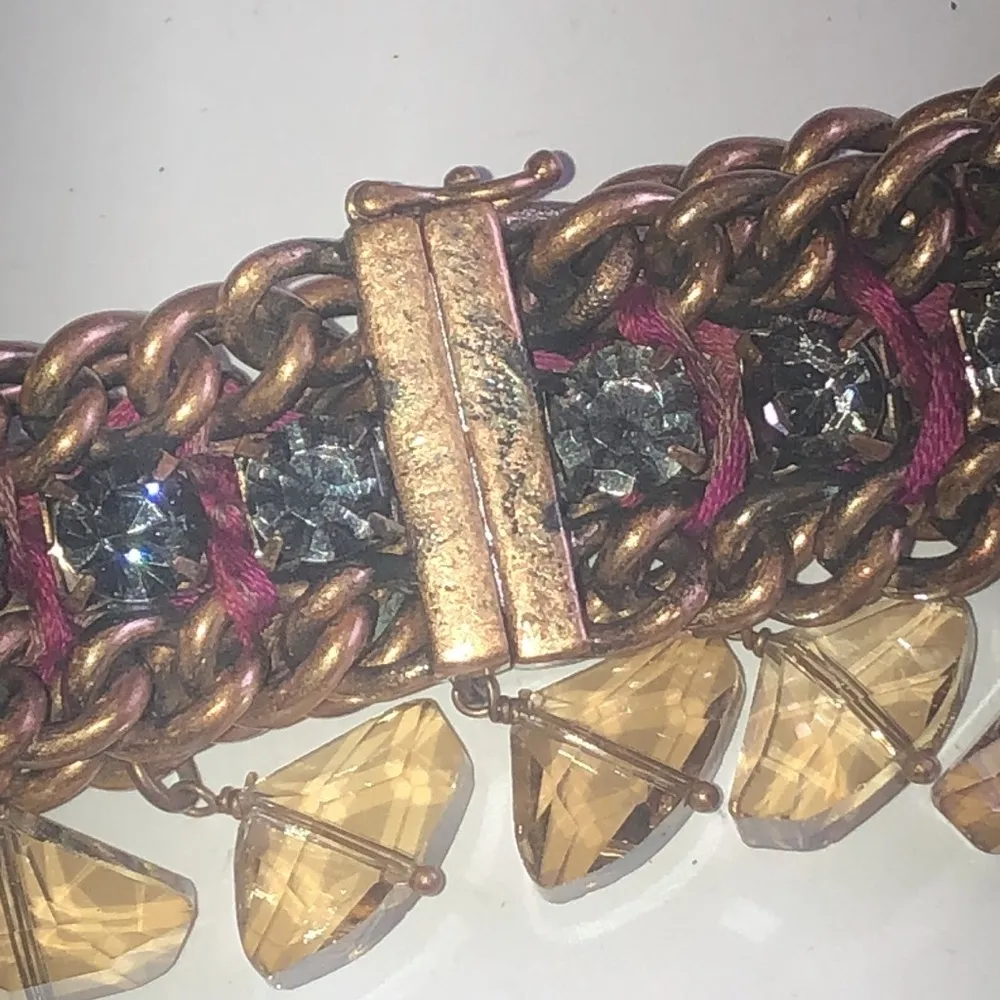 Chunky Brass Tone Smoky CZ Rhinestone Dangling Beaded Boho Bracelet - Image 3