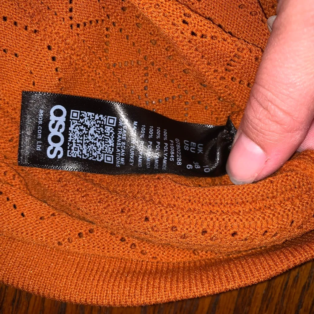 ASOS Rust Orange Boxy Stretch Knit Crochet Lace Like Frilly Turtleneck Texture 6 - Image 7