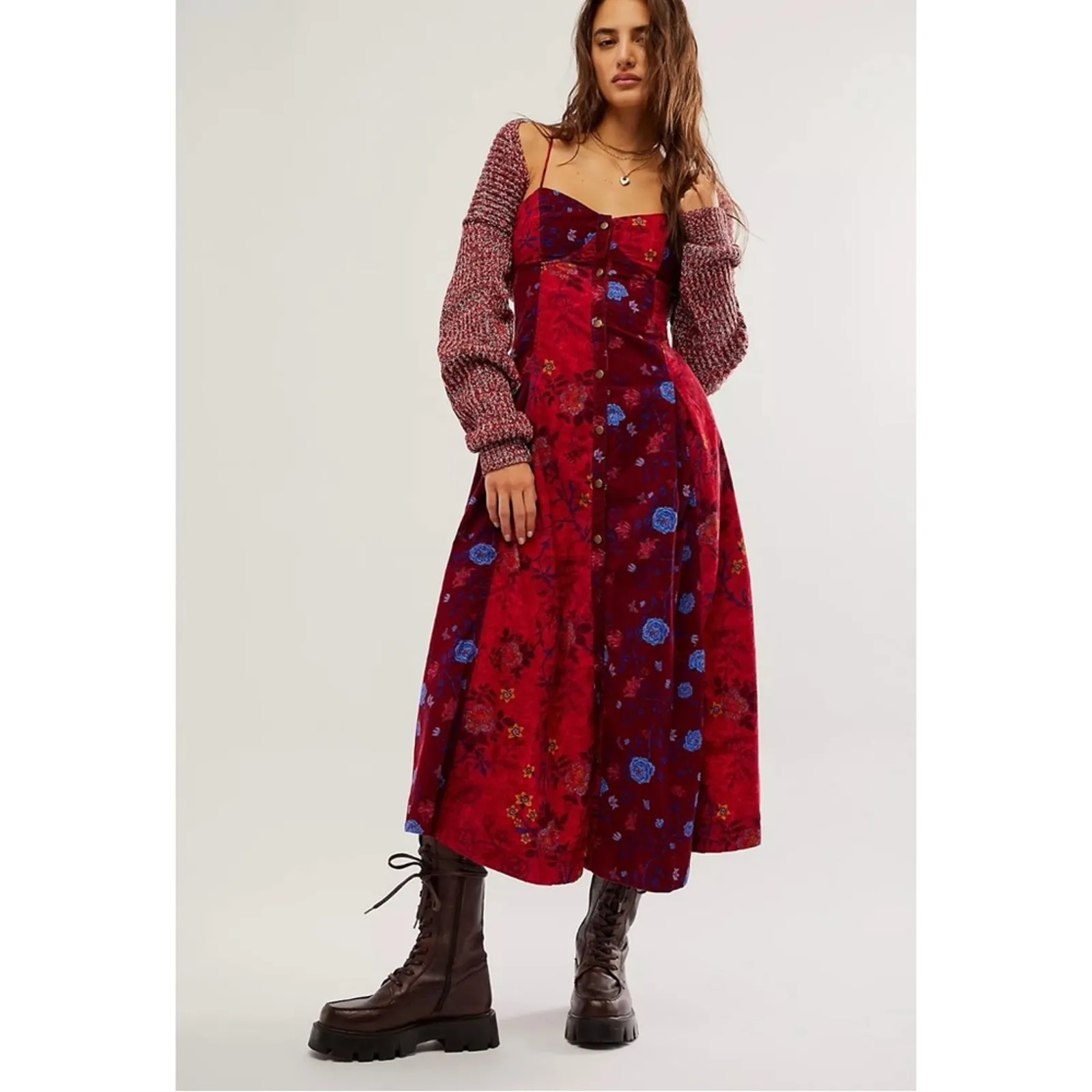 Free People Bohemian Grunge Witchy Corduroy Gail Midi Dress Scarlet Combo Small - Image 14