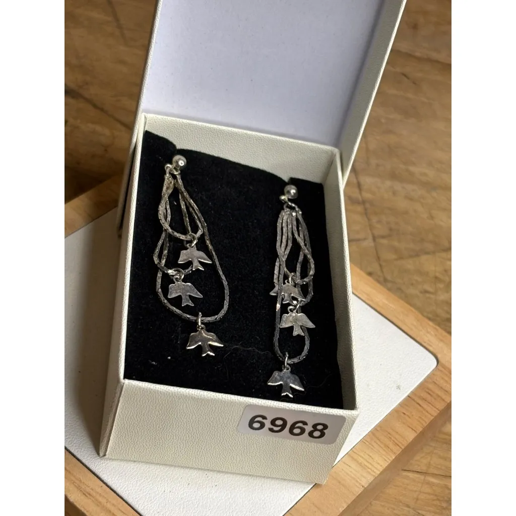 Silver Dangle Earrings With Bird Charms & Twisted Chains For Women - Image 5