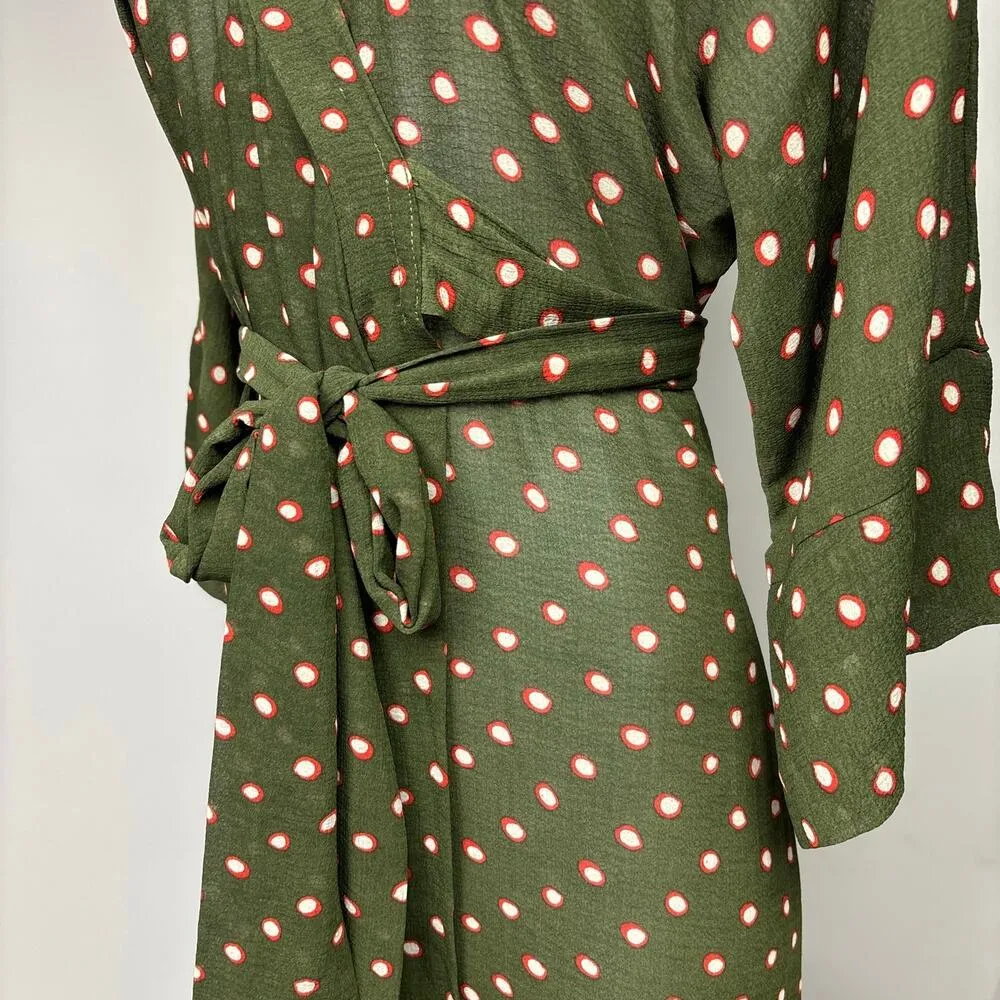Josa Tulum Green Long Sleeve Polka Dot Print Kimono Beachwear Wrap Midi Dress Size XS - Image 5