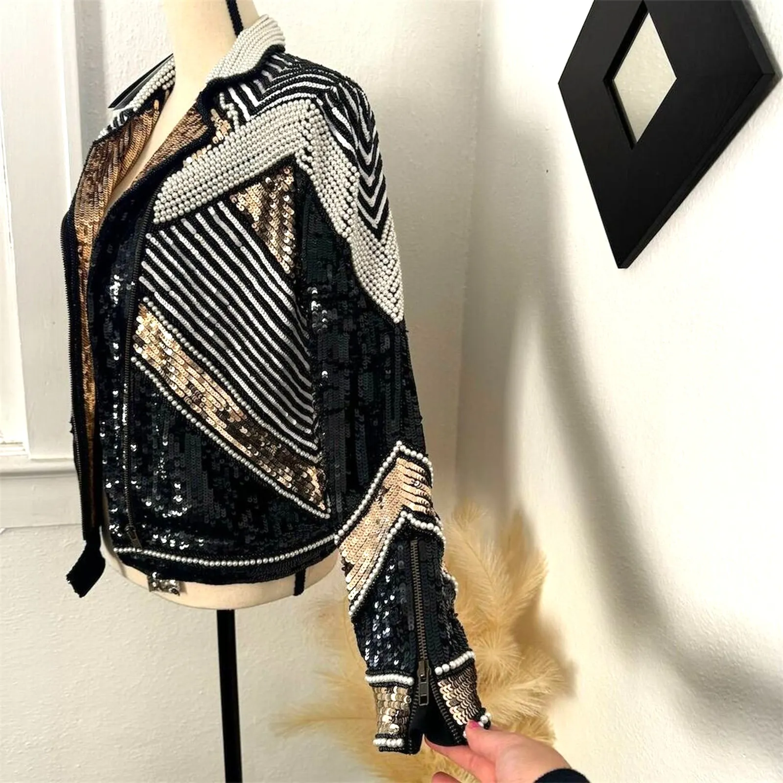 NWT SETA Women M Black Fully Beaded Sequin Moto Jacket Biker Glam Party Coat Size M - Image 8