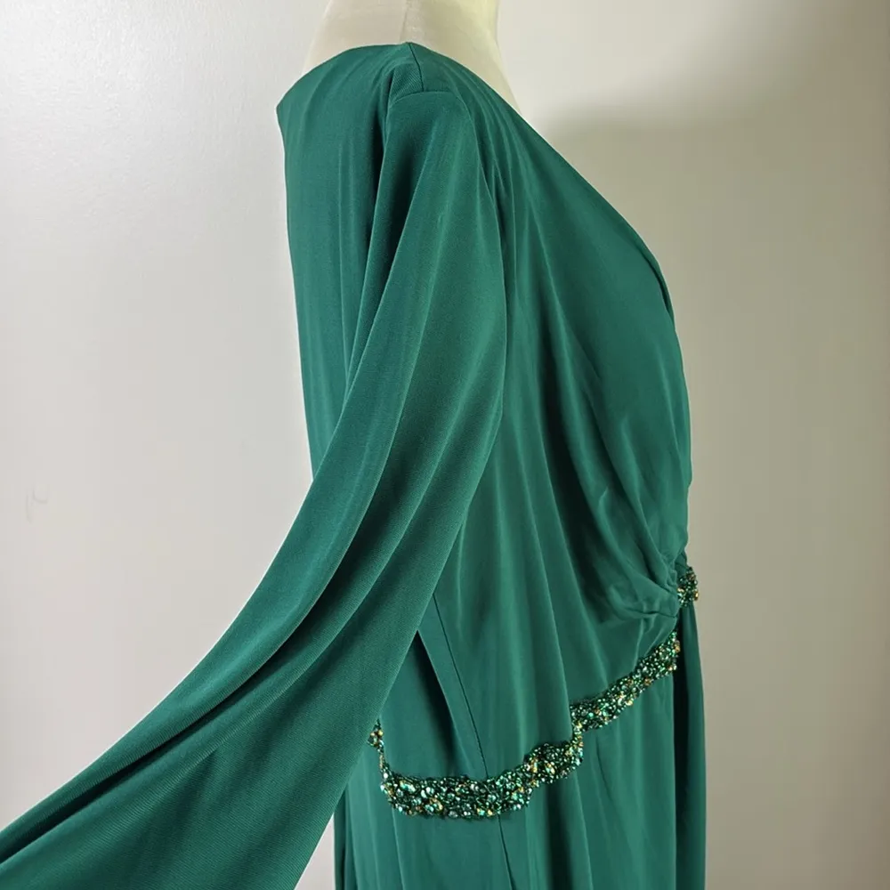 Mac Duggal Plus Size Beaded Belt Jersey Faux Wrap Long Sleeve Gown Green Size 24 - Image 12