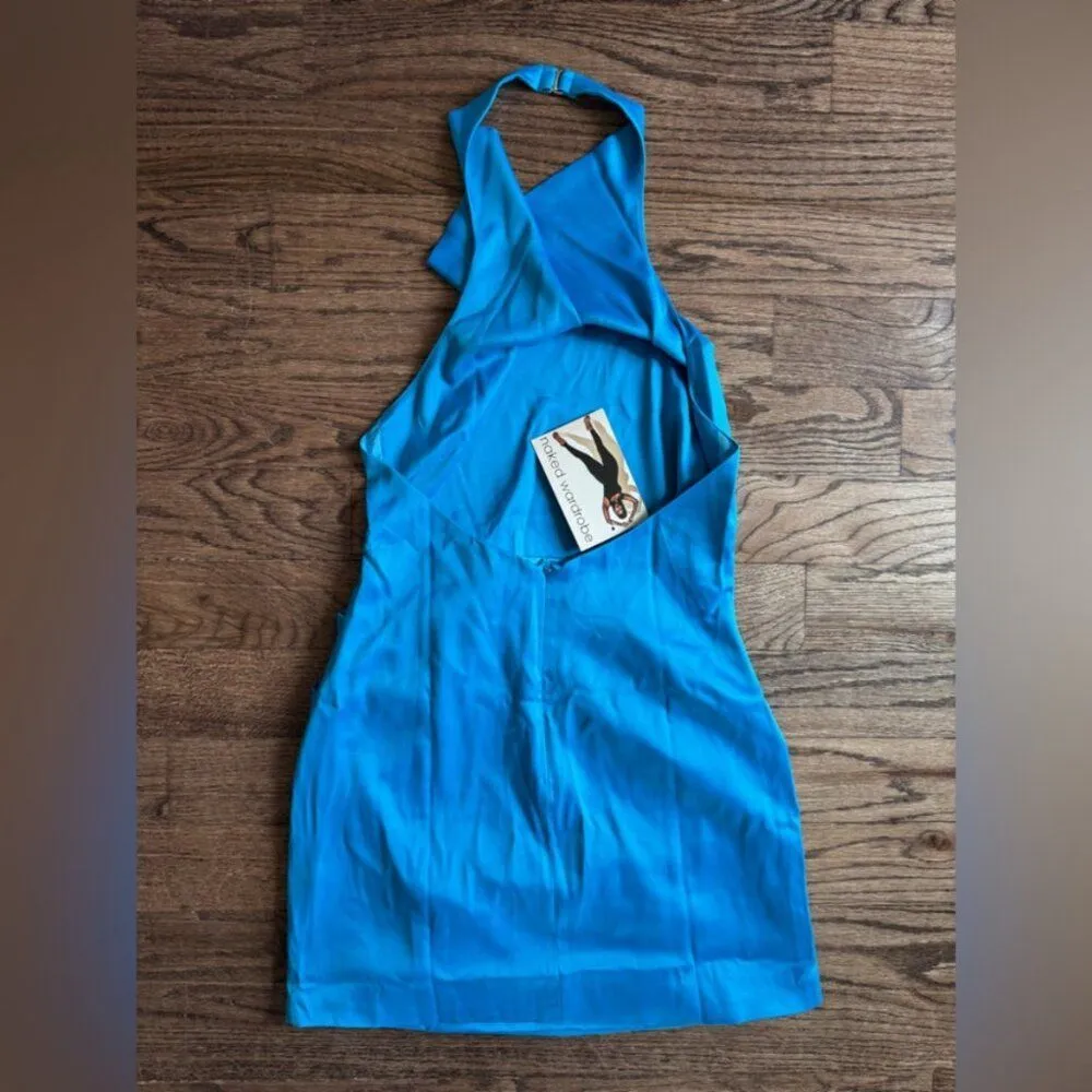 NWT Naked Wardrobe Flossy and Glossy Blue Halter Cowl Neck mini Dress Backless L - Image 7