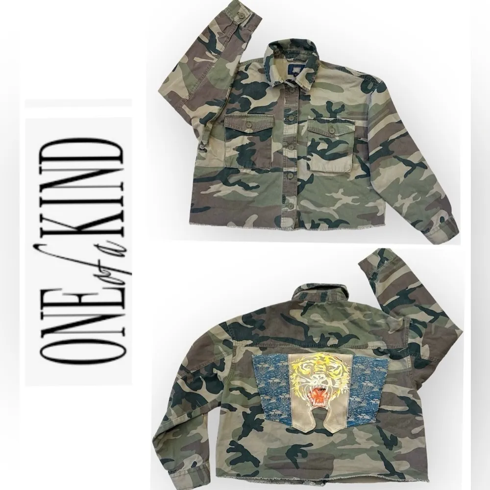 One of a kind Handmade camo print cropped jacket with released hem, Cotton,M - Image 2