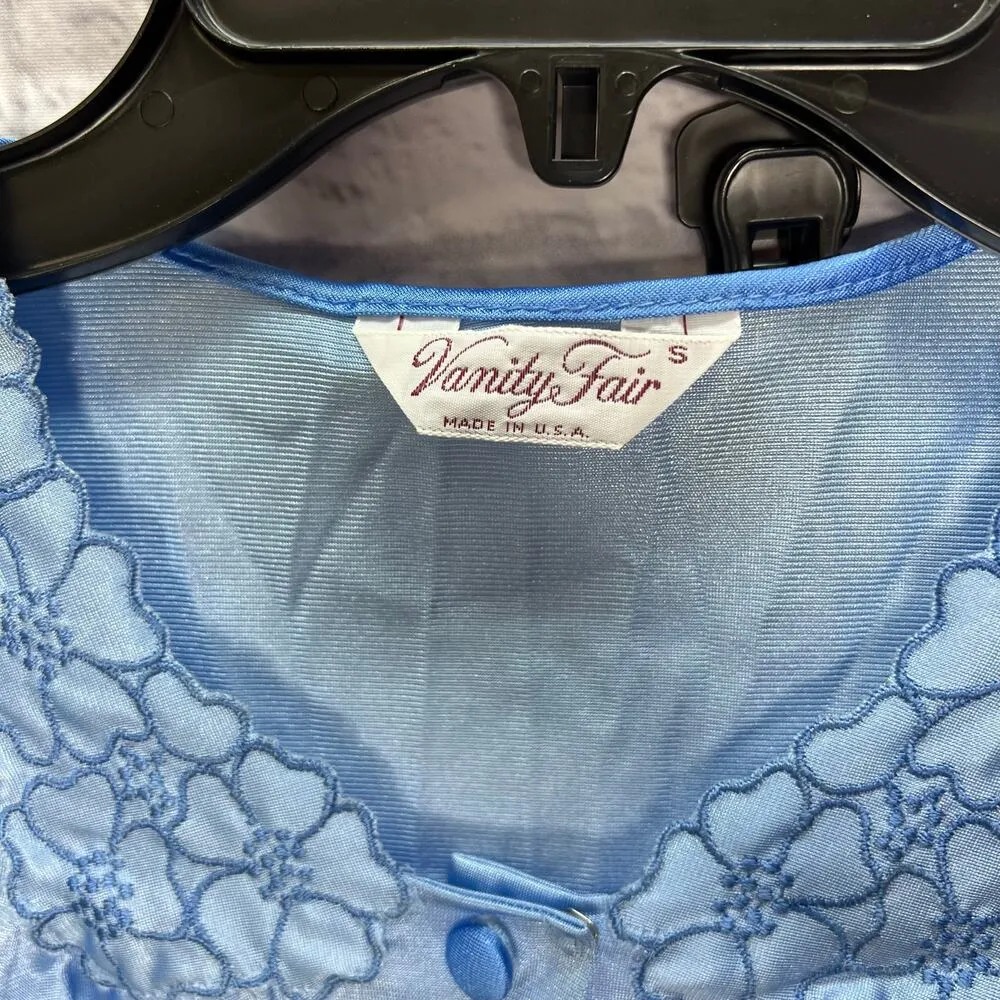 Vintage Vanity Fair 3 Piece Nylon Pajama Set Pants Shirt Robe Size S Blue Floral - Image 7