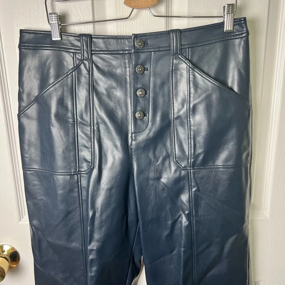 Cinq A Sept Benji Vegan Leather Cropped Seam Navy Flare Leg Pants 14 Blue - Image 3