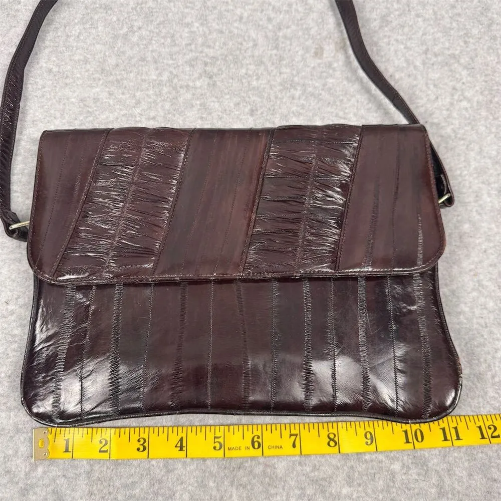 Vintage Eel Skin Shoulder Bag Deep Burgundy Flap Top Multiple Compartments - Image 11