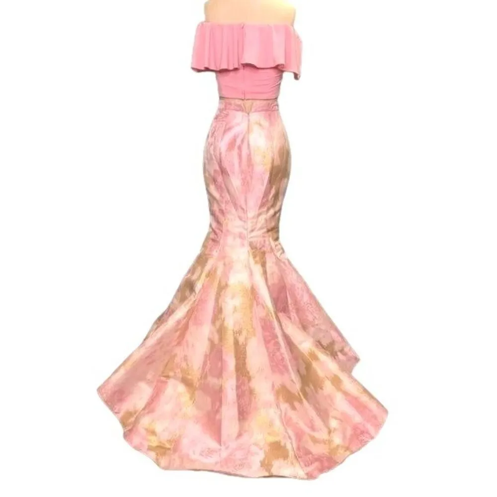 Jovani Mermaid Off the Shoulder Two Piece Pink and Gold Gown 00 NWT - Image 4