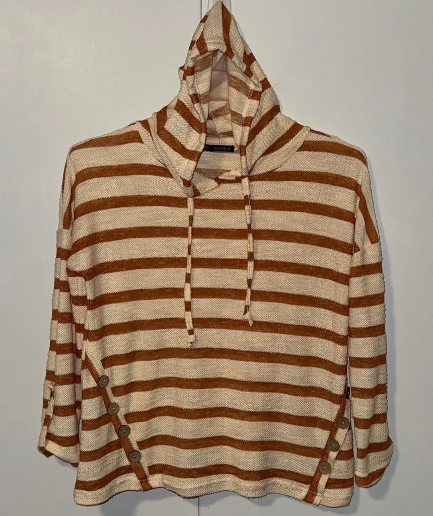Storybuk Hooded Long Sleeve Top Striped Pullover Women’s M Medium Tan - Image 1